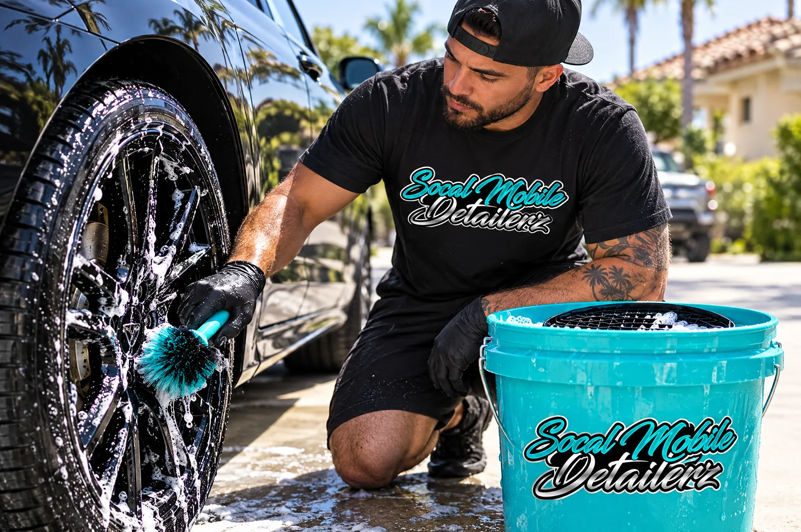 SoCal Mobile Detailerz detailer scrubbing a wheel next to a branded teal bucket