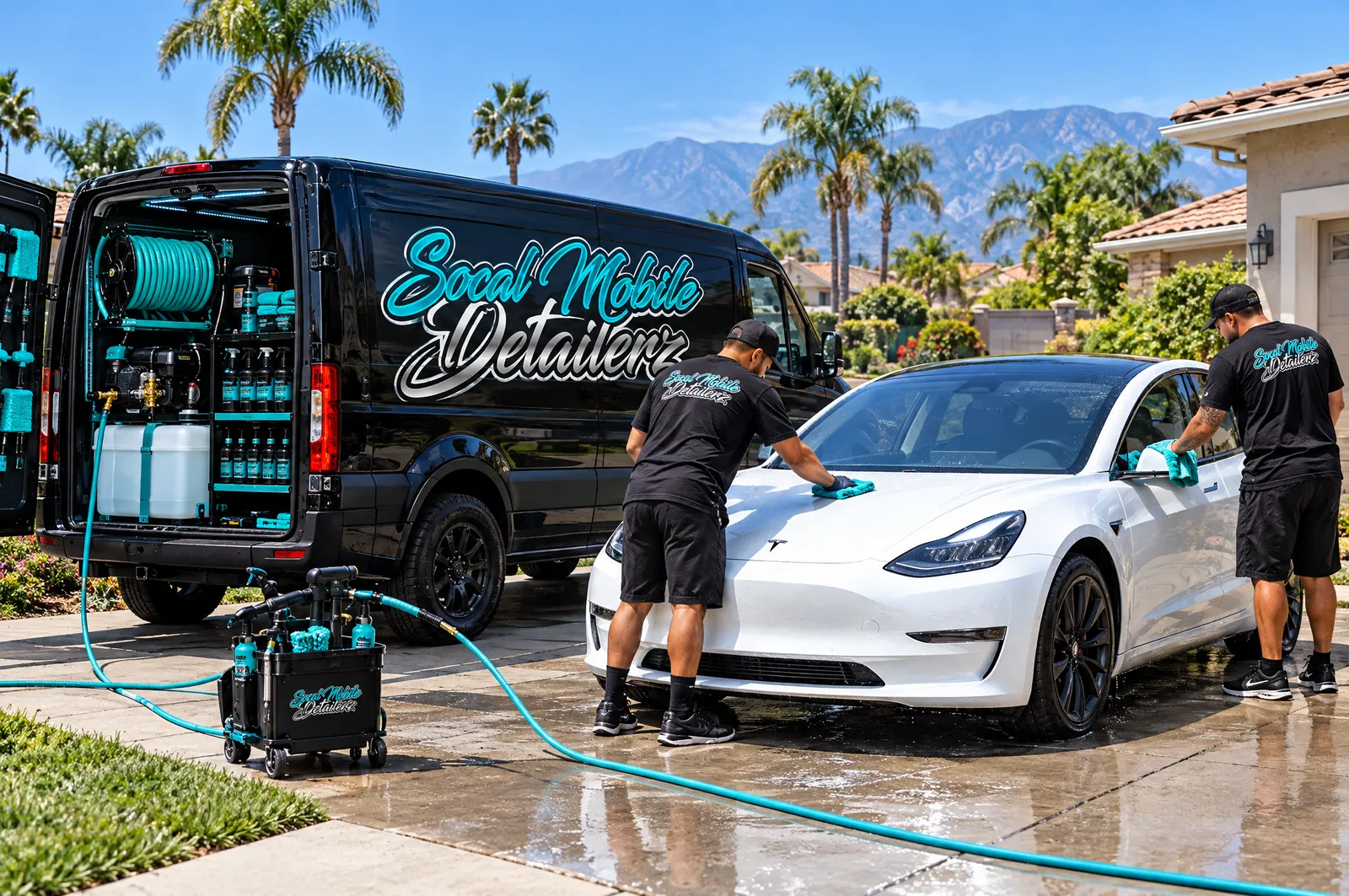 SoCal Mobile Detailerz branded van and crew detailing a white Tesla in a driveway