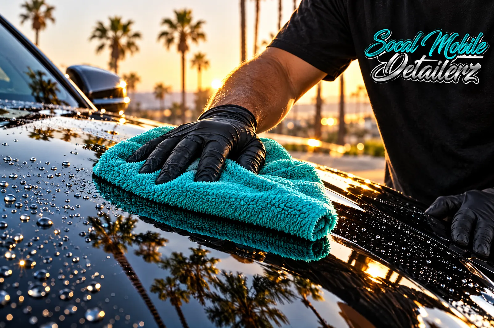 Teal microfiber towel on a beaded black hood at sunset