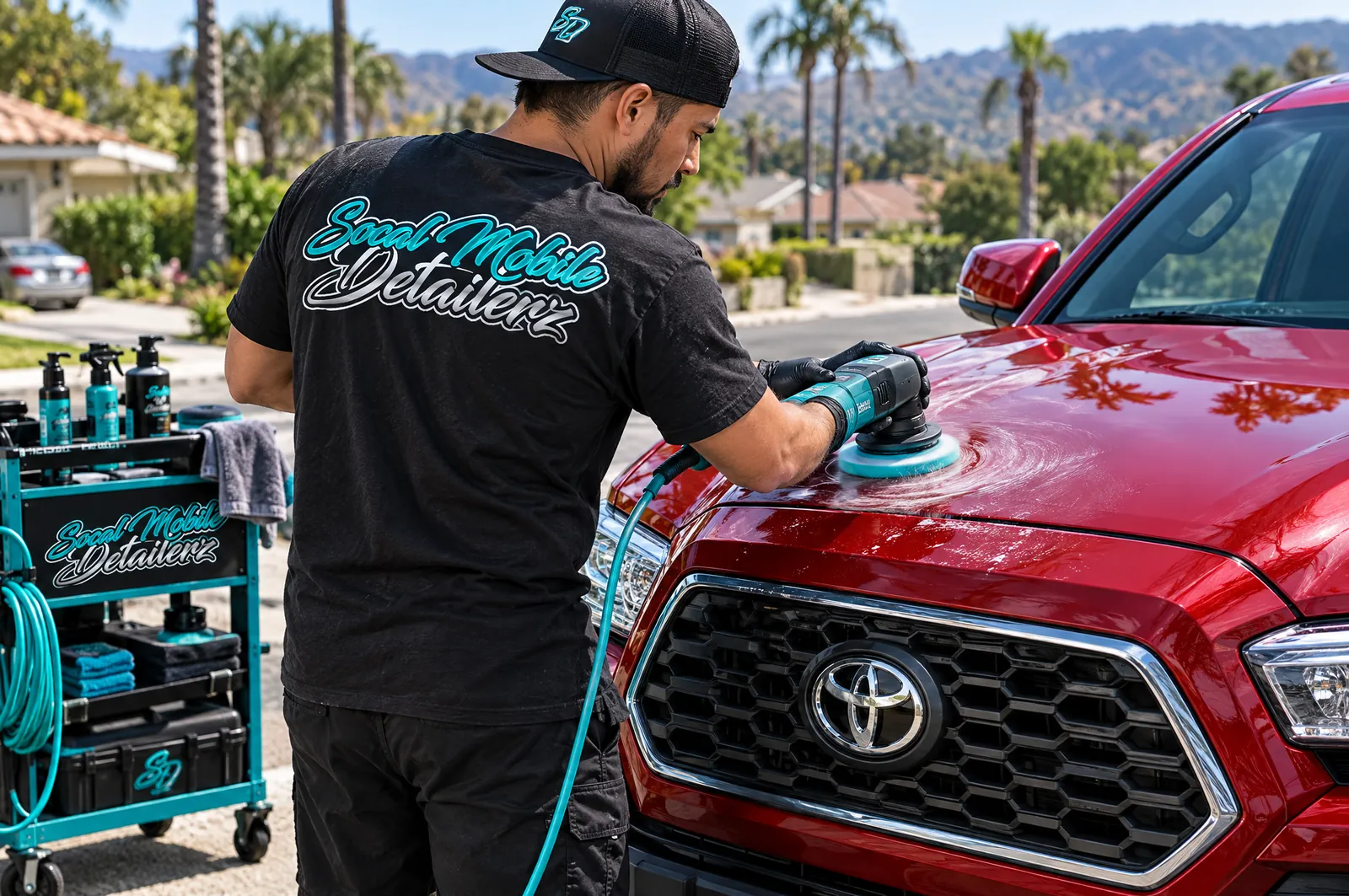 SoCal Mobile Detailerz detailer machine polishing a red Toyota
