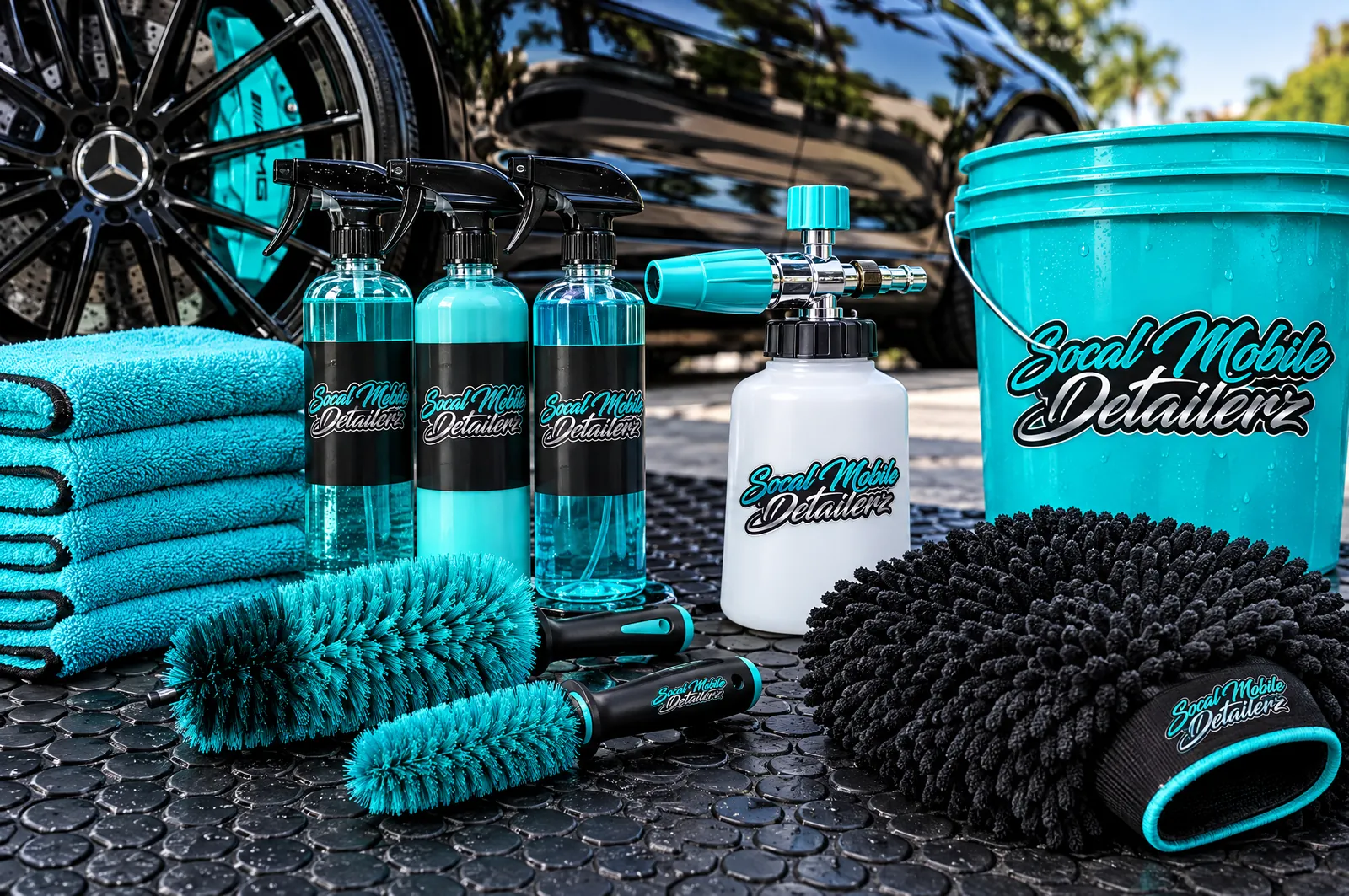 SoCal Mobile Detailerz branded bottles, brushes, towels and bucket