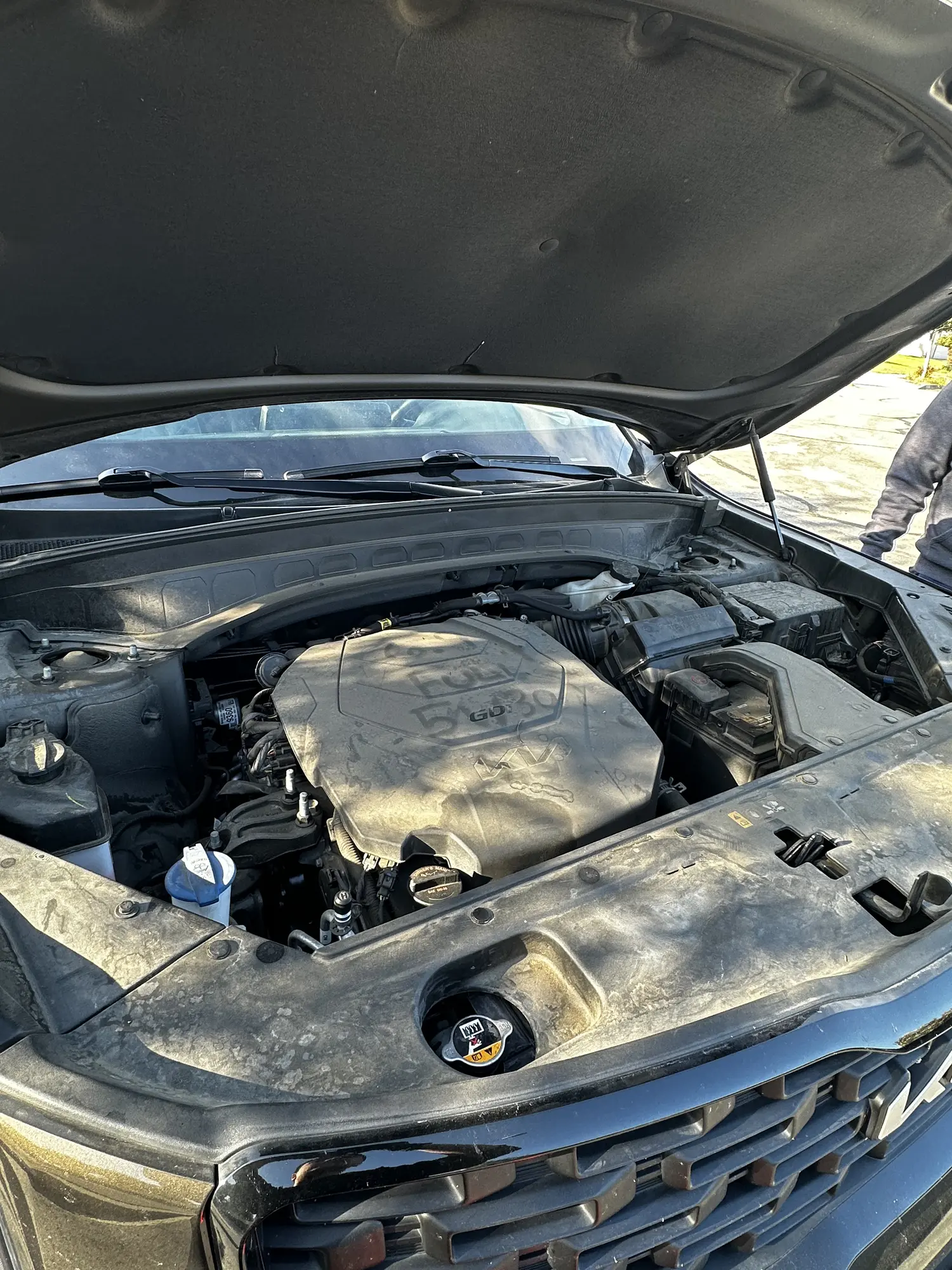 Engine bay being cleaned during an engine bay detail
