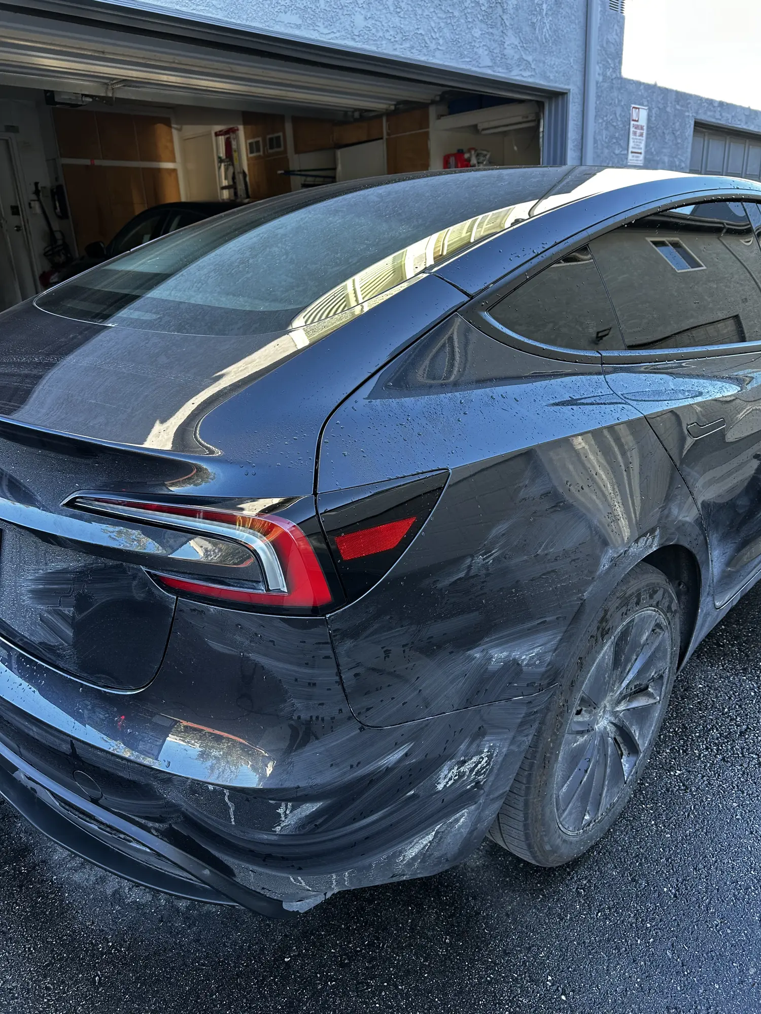 Dirty Tesla rear quarter before a wash